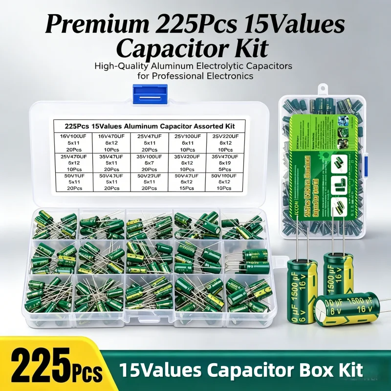

225PCS 15Values Green High Frequency Low ESR Radial Aluminum Electrolytic Capacitor Assortment Kit Universal Electronic Repair D