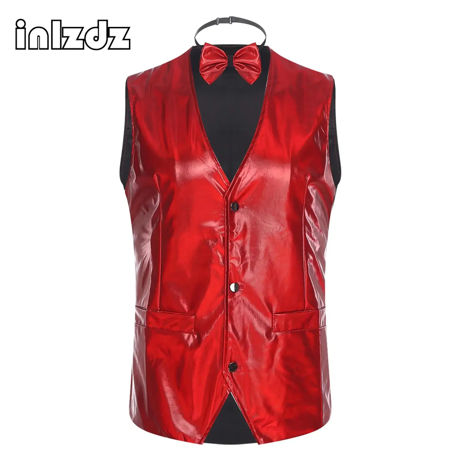 

Mens 70s Disco Shiny Vest Outfit V Neck Sleeveless Pointed Hem Button-down Waistcoat with Bow Tie Party Gentleman Blazer Vest
