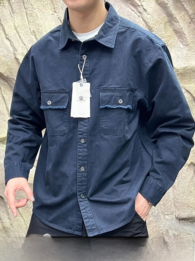 

Retro Japanese Style Long Sleeve Shirt for Men Skin-friendly Cotton Pure Color Versatile Business Casual Shirt Stand Collar