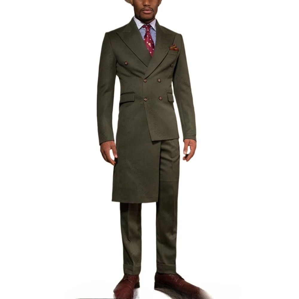 Asymmetric Olive Green Double Breasted Men Suit Peaked Lapel Business Casual Formal Costume Homme  2 Pcs Set Jacket Pants