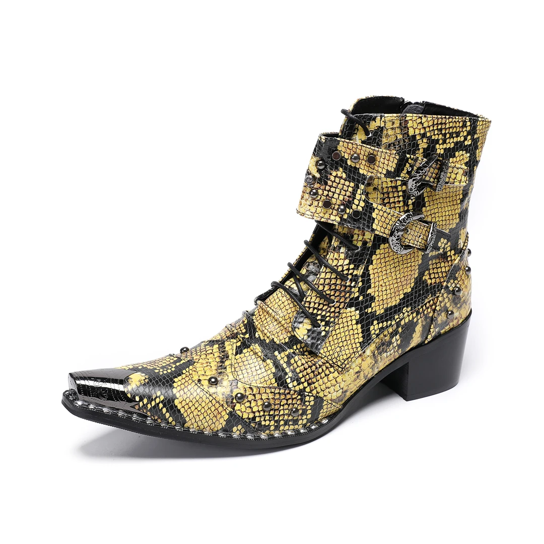 Men's Genuine Leather Mid-Calf Stage Boots with Zipper and Lace-Up Closure Metal Toe Cap Gold Party Biker Boots