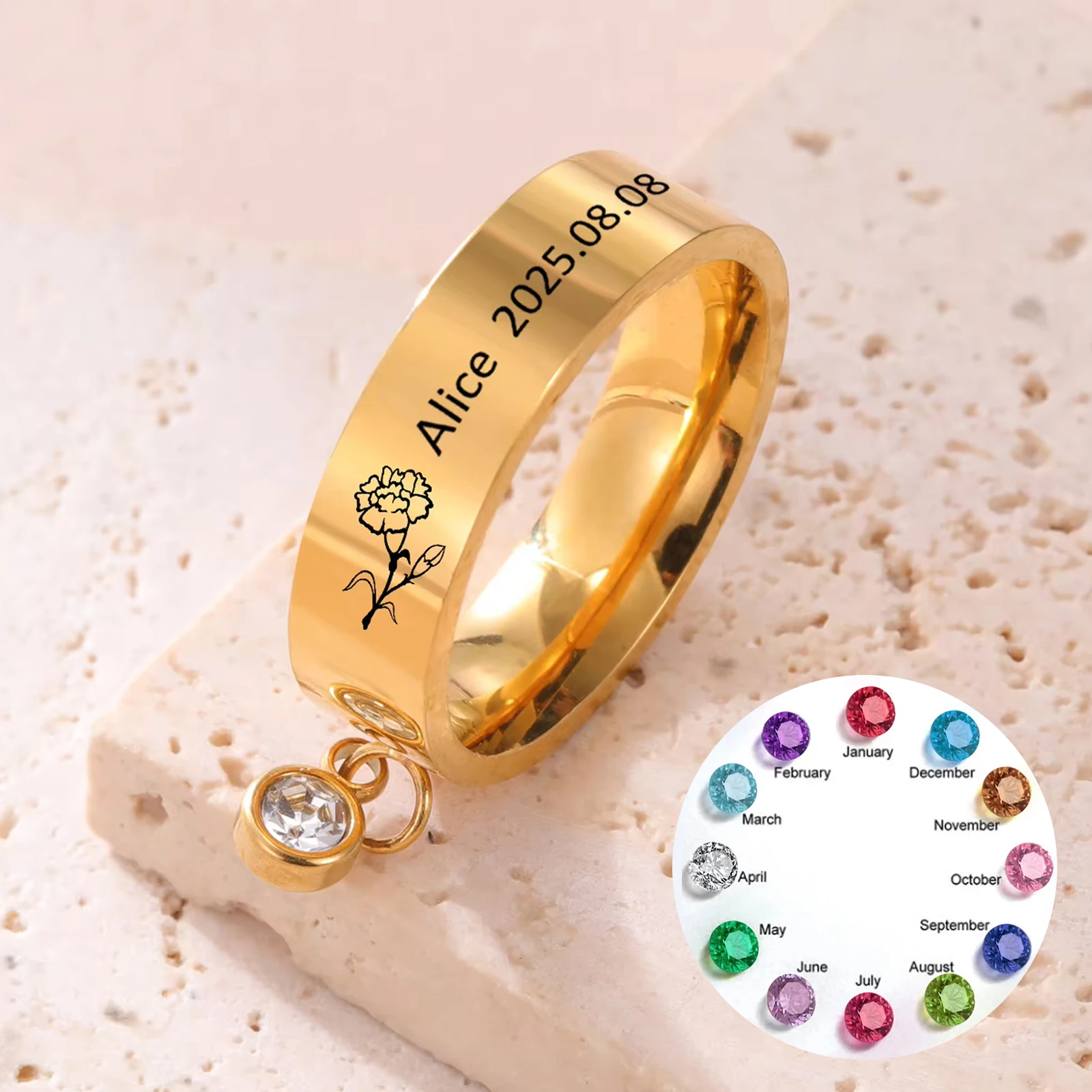 Customized Ring with Birthstone Engraved Birth Month Flower Rings Women Stainless Steel Jewelry Friend Birthday Christmas Gifts