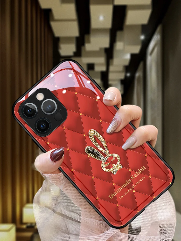 

New Cartoon Rabbit For iPhone 14 13 12 11 Pro Max XS X XR 7 8 Plus Phone Case Luxury Glass Lens All Inclusive Protective Cover