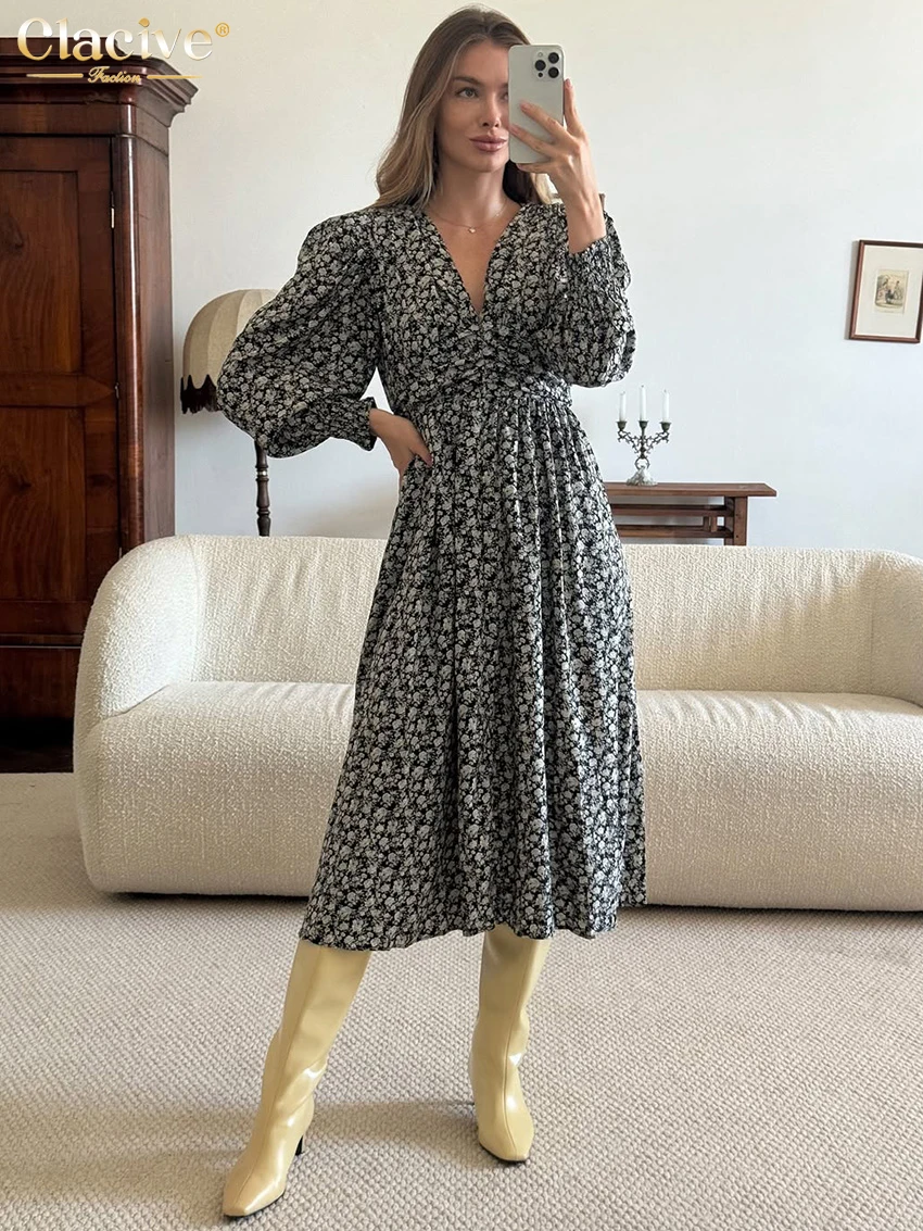 

Clacive Fashion Loose Print Wome Dress Autumn V-Neck Long Sleeve Midi Dresses Elegant Classic High Waist Pleated Female Dress