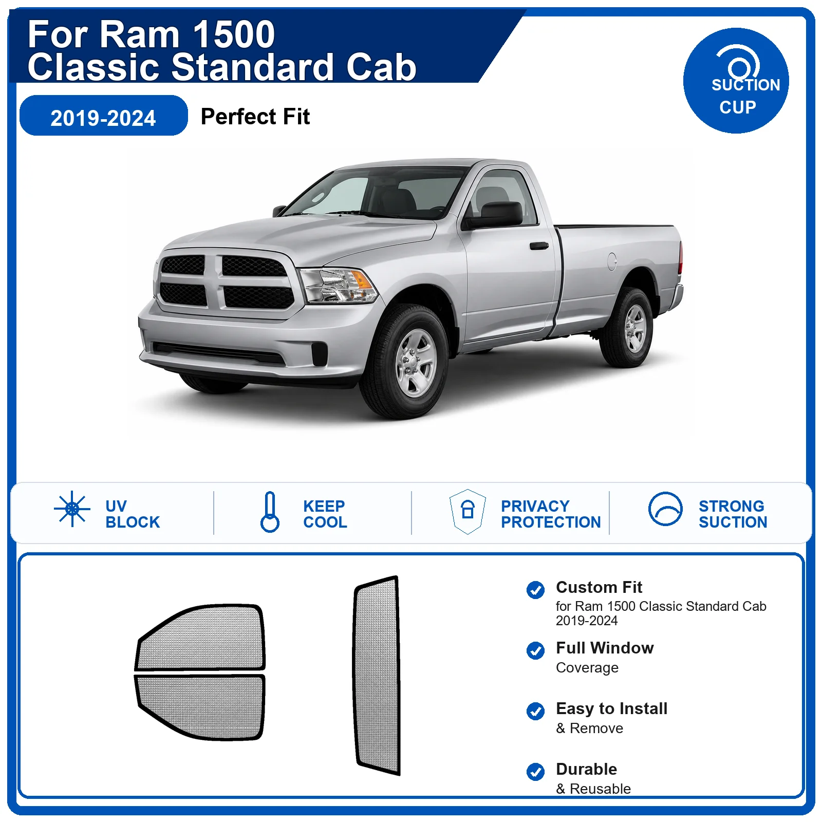 For Ram 1500 Classic Standard Cab 2019-2024 Custom Full Set Windshield Sun Shade Aluminum Foil Heat Insulation Anti UV Foldable