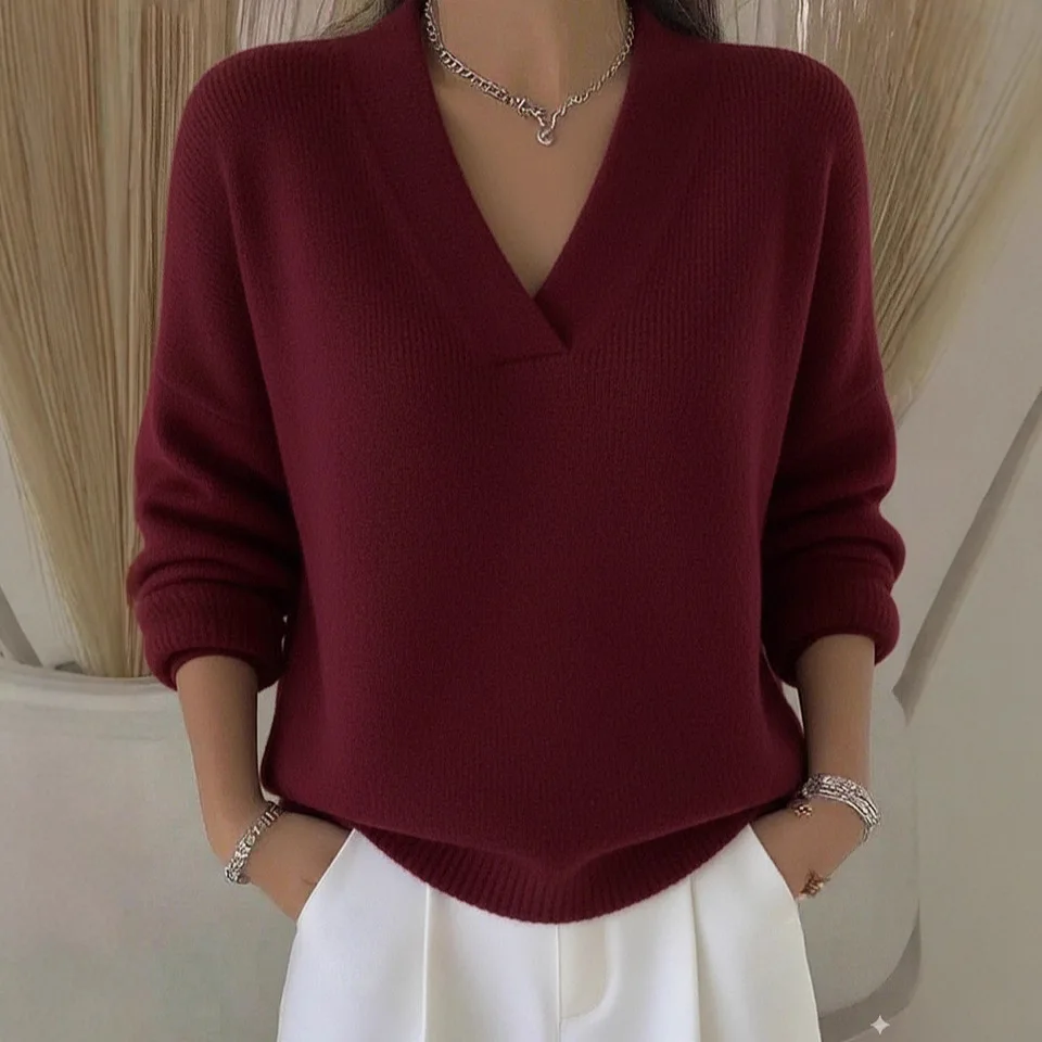 2025 جديد خريف شتاء جديد عادية بلون الخامس الرقبة محبوك سترة للنساء فضفاض التخسيس بلوفر مغزول البلوزات #4