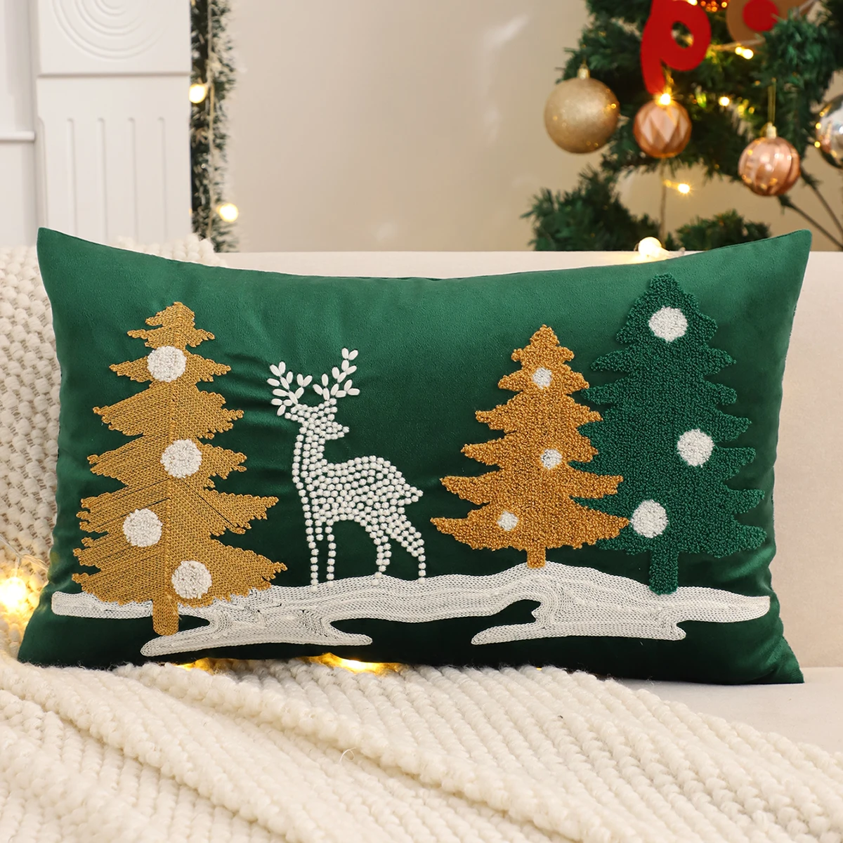 Embroidery Throw Pillow Cover Christmas Decoration Velvet Soft Christmas Tree Reindeer Winter Farmhouse Home Sofa Living Room