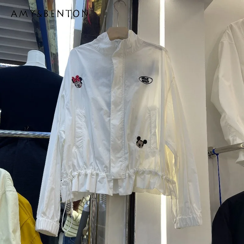 

2026 Spring Summer Heavy Embroidery Letter Cartoon Patch Drawstring Zipper Jacket Short Coat For Women's Y2k Kawaii Clothes Top