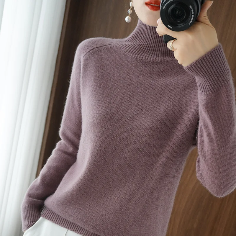 Sweater Turtleneck lengan panjang wanita, sweater kasual musim gugur musim dingin, Pullover hangat tebal, jumper dasar 2024, pakaian rajut Korea modis