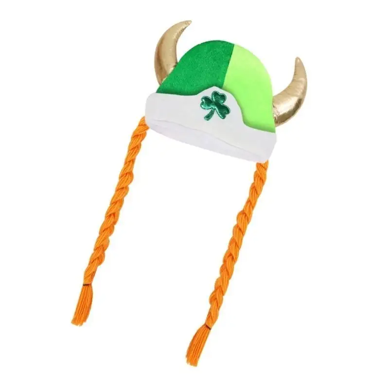 652F StPatricks Day Celebration Braid Hat with Shamrock Horn Festival Props Headwear