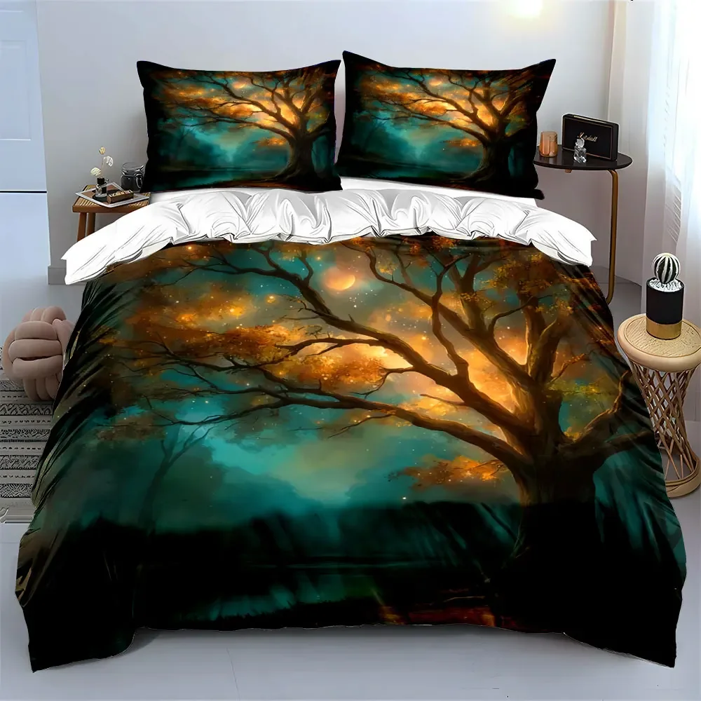 3Pcs Magical Forest Bedding Set, Glowing Autumn Tree Print Duvet Cover + 2 Pillowcases, Fantasy Nature Decor