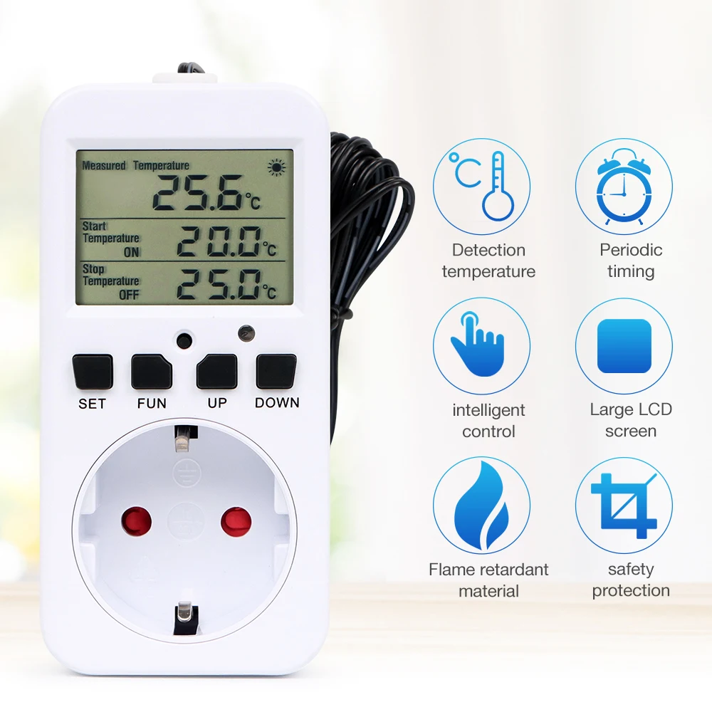 Digital Temperature Controller Smart Thermostat Socket Timer Switch Heating Cooling with Temperature Sensor Probe -40℃~120℃