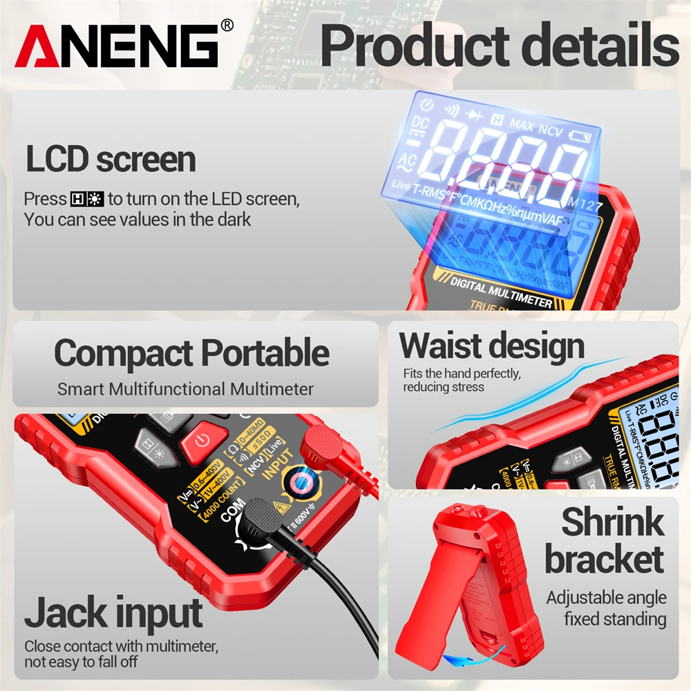 Aneng multímetro inteligente 4000 contagem ac/dc teste de tensão m127 resistência ncv detecção ohm ohm ohm ohm ferramentas de linha de detecção de fogo zero