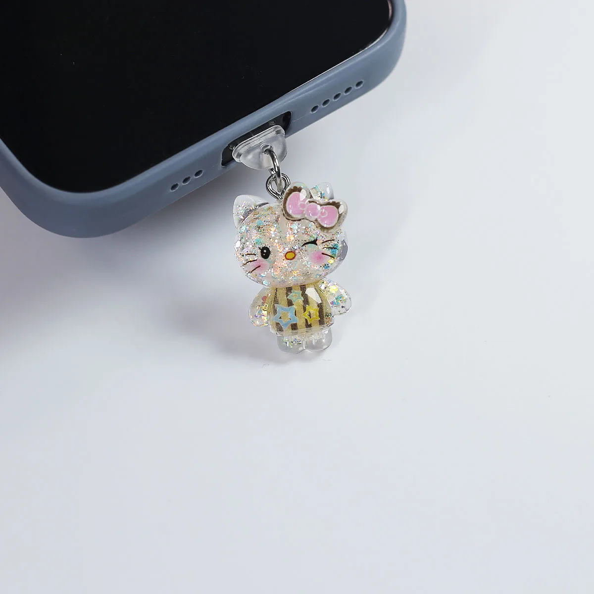 Cute glitter cat dust plug cartoon bow KT cat pendant accessory resin material for iPhone/Type-C dust plug