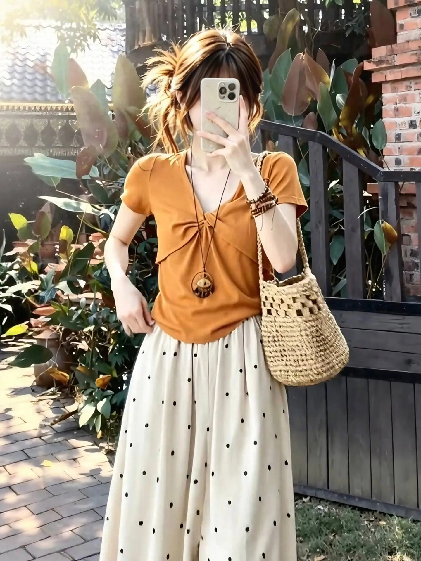 Summer Orange Polka Dot T-Shirt Top And Wide Leg Pants Korean Style Beautiful Age Reducing Set for Women Casual Wear