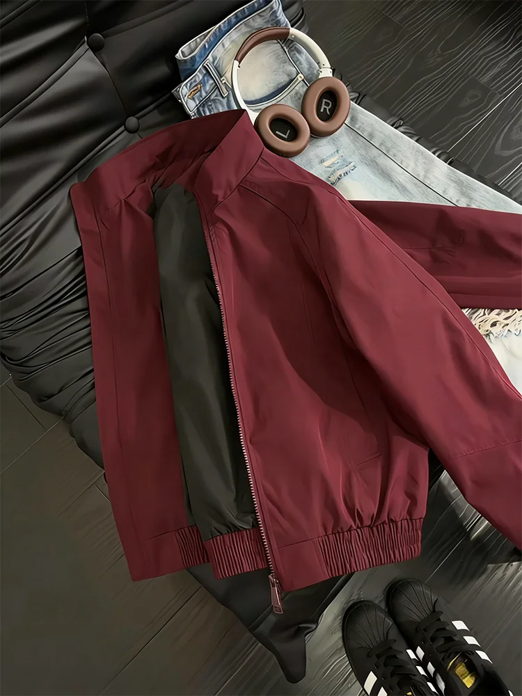 American Style Deconstructed Wine Red Pilot Jacket Men Spring Autumn High Sensation Silhouette Short Coat Baseball Outfit