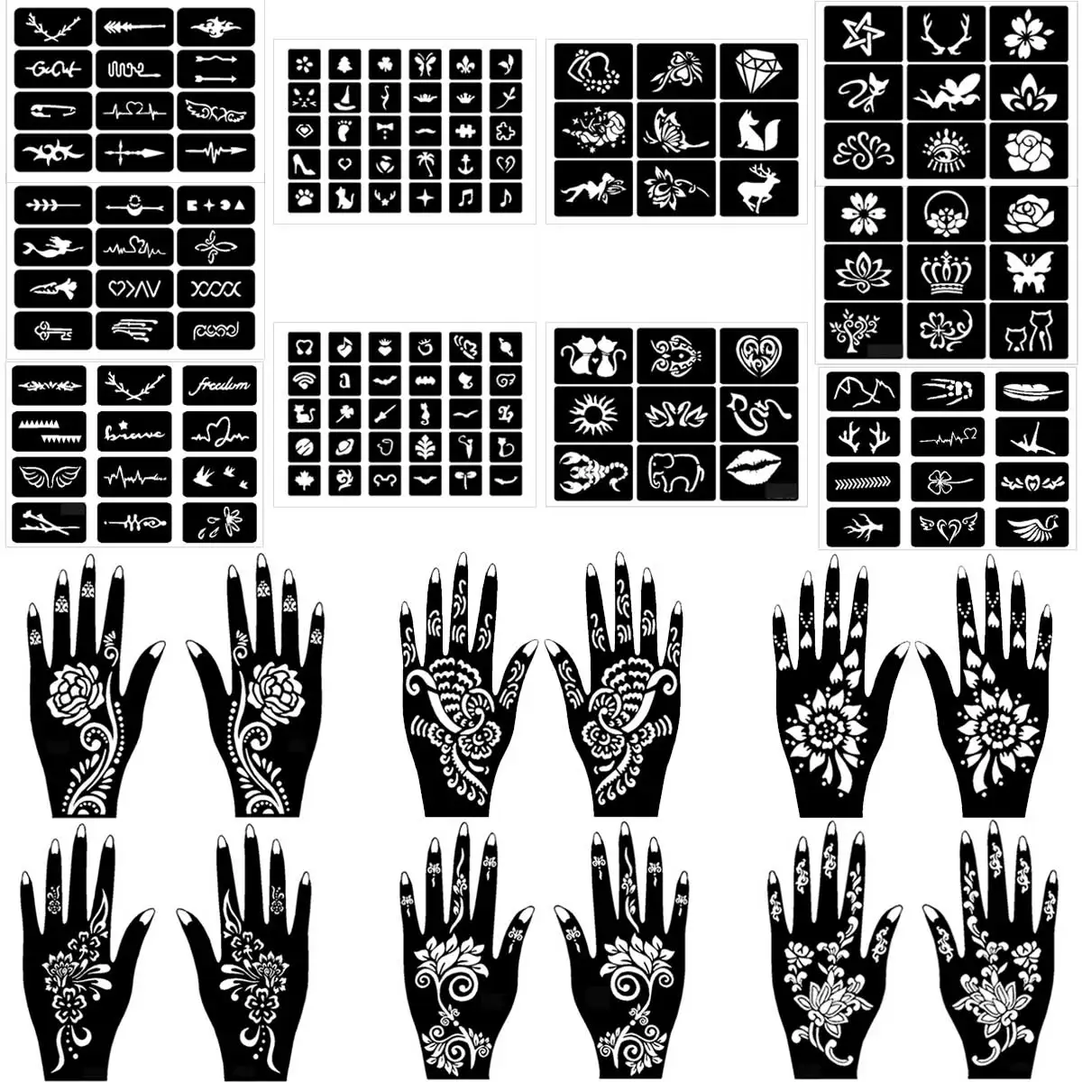 Temporary Tattoo Stencils Set - 22 Sheets Templates For Hand Nail Arm and Body Art,  Music Festival, New Year, Ramadan Festival