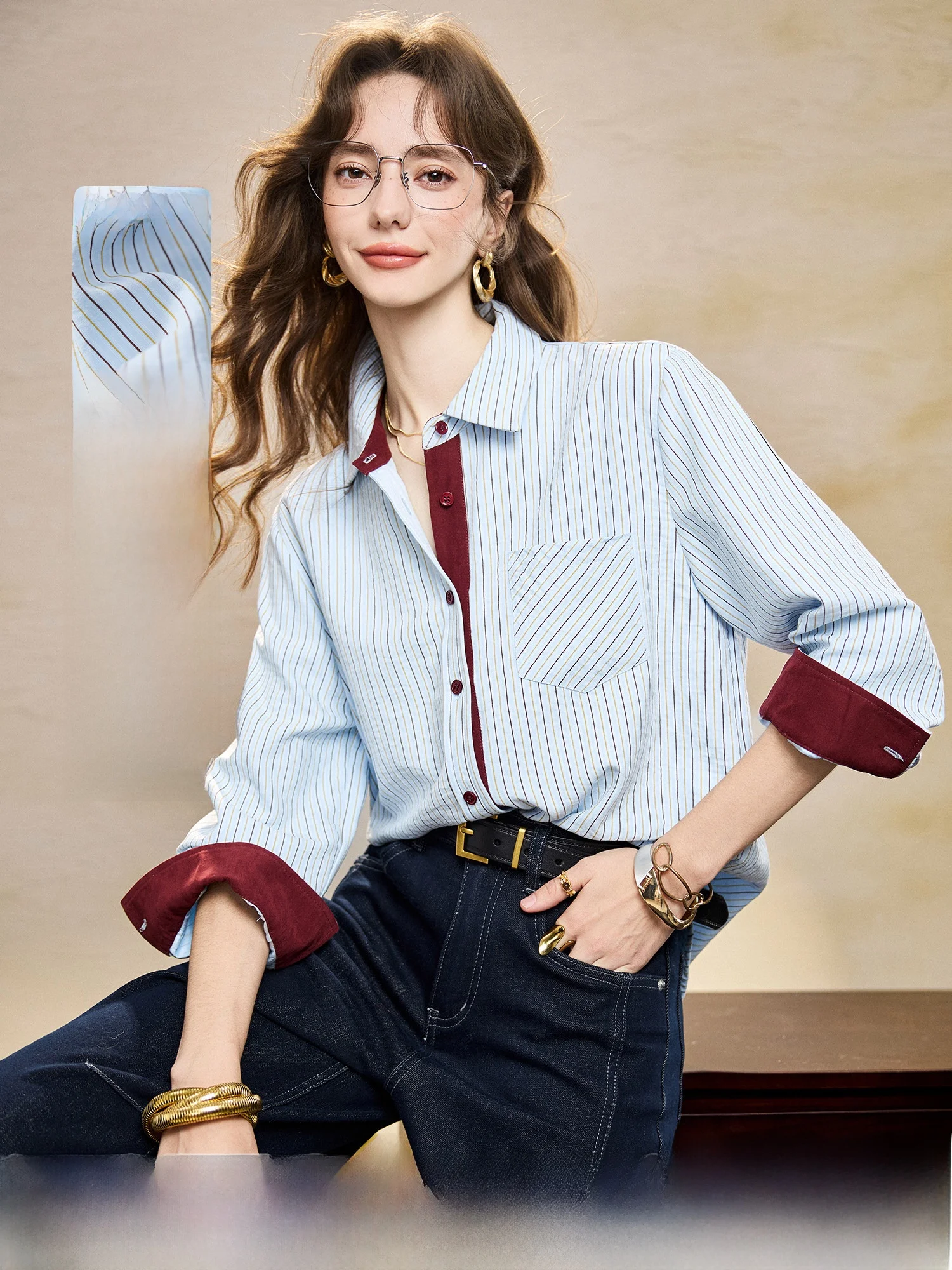 

Striped Shirt Women's Fashion Collar Color Block Spring 2026 Top Sleeve Long Polyester Fiber Regular Fit Commute Style