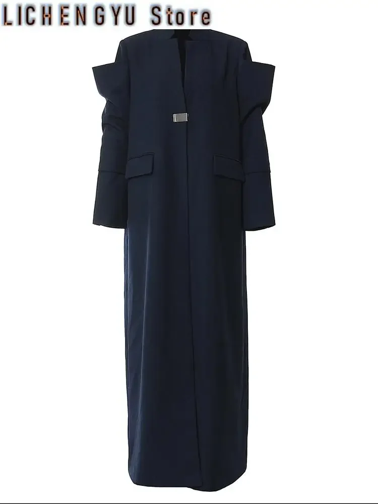 

Women Navy Blue Elegant Long Shaped Blazer New Stand Collar Long Sleeve Jacket Fashion Tide Spring Autumn