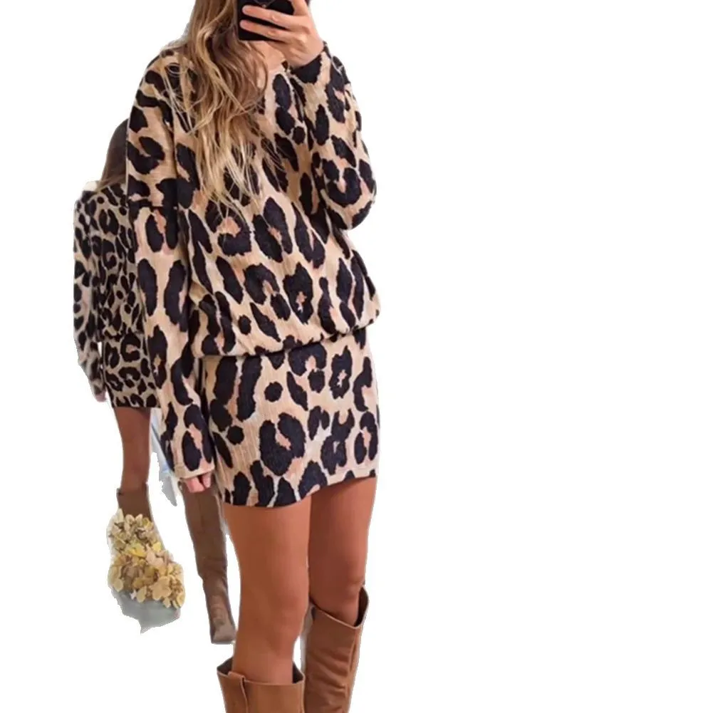 Conjuntos de vestido feminino duas peças leopardo mini vestidos manga longa em torno do pescoço topos ternos casuais senhora regular streetwear outono