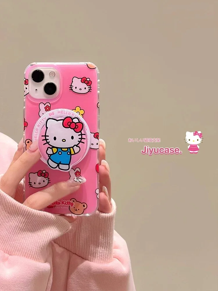 Cute Pink Cartoon Hello Kitty Magnetic Bracket Magsafe Wireless Charge Phone Case For iPhone 13 12 14 15Pro Max 11 Cover