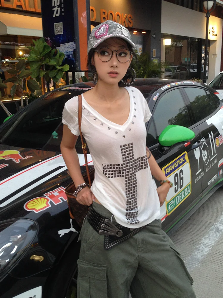 Japanese Y2k Rhinestone Cross T-shirt Vintage Harajuku Short Sleeve Tops See Through Trashy Grunge 2000s V-neck Streetwear