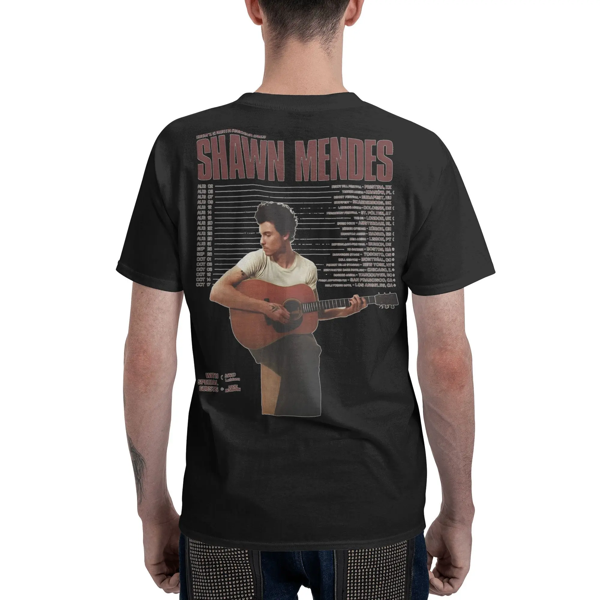 유머 Shawn Mendes 온 더 로드 어게인 투어 2025 남성용 티셔츠 O넥 100% 코튼 티셔츠 반팔 티셔츠 플러스 사이즈 탑