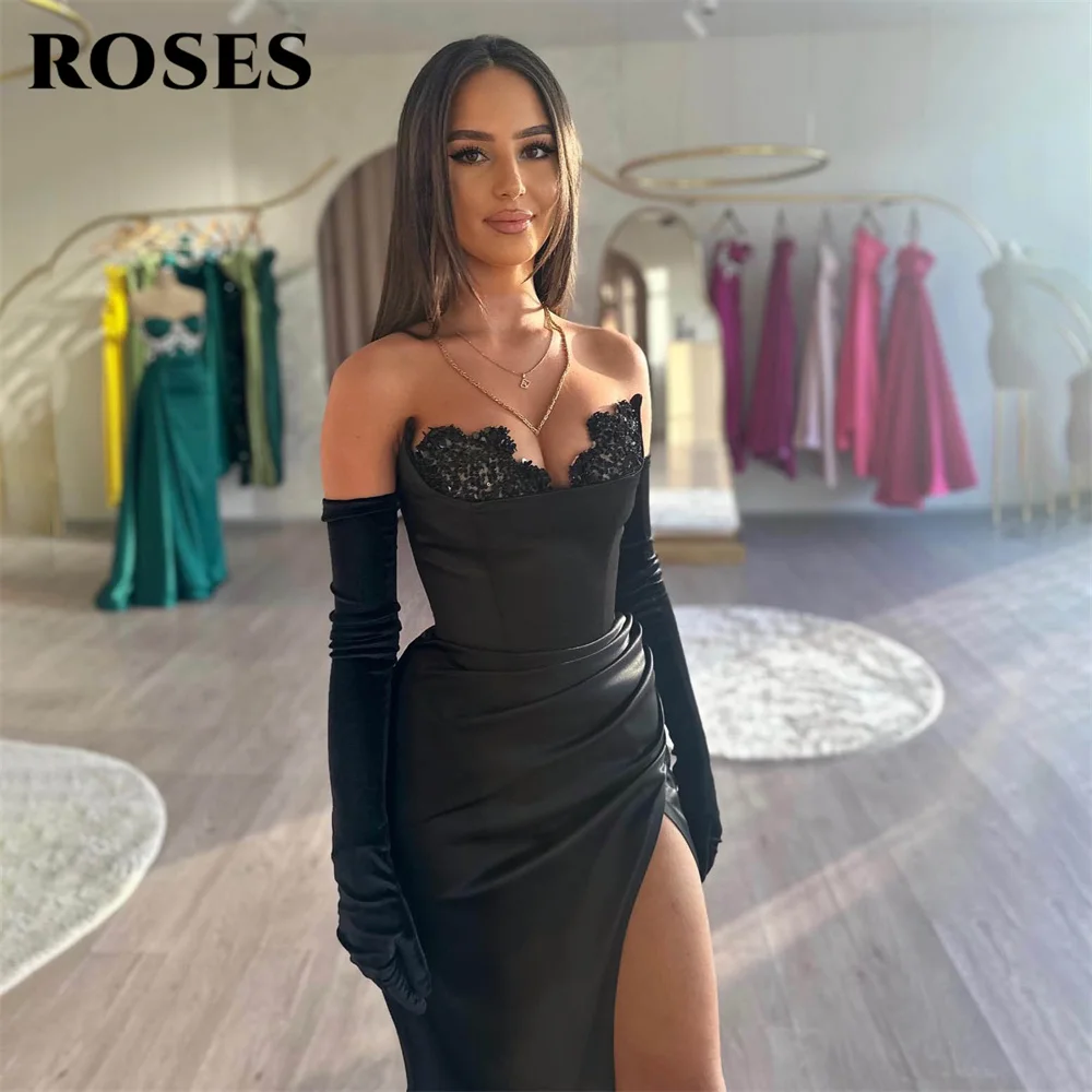 ROSES Off Shoulder Evening Gown Black Elegant Prom Dress Mermaid Sexy Beading Wedding Evening Dress with Slit robes de soirée