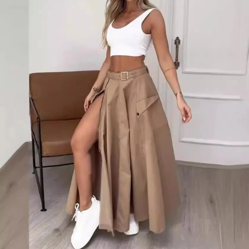 Women Spring Summer Skirts Button Zippers Belt Solid Color Asymmetry High Waist Casual Fashion Sexy Comfortable Regular Standard