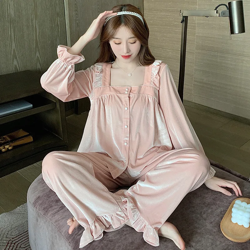 French retro court style golden velvet pajamas women autumn winter long-sleeved suit new homewear suit skin-friendly comfortable