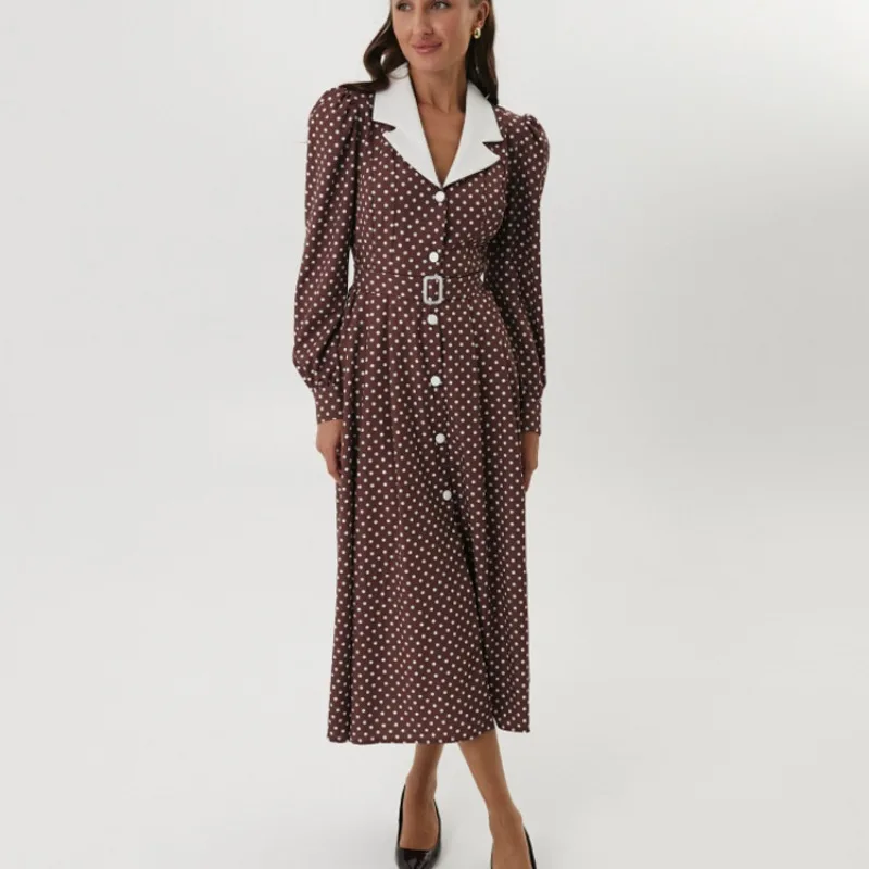 エレガントな女性のドットプリントフレンチドレスヴィンテージオフィスレディロングランタンスリーブラペルシングルブレスト流れるAラインシャツドレス