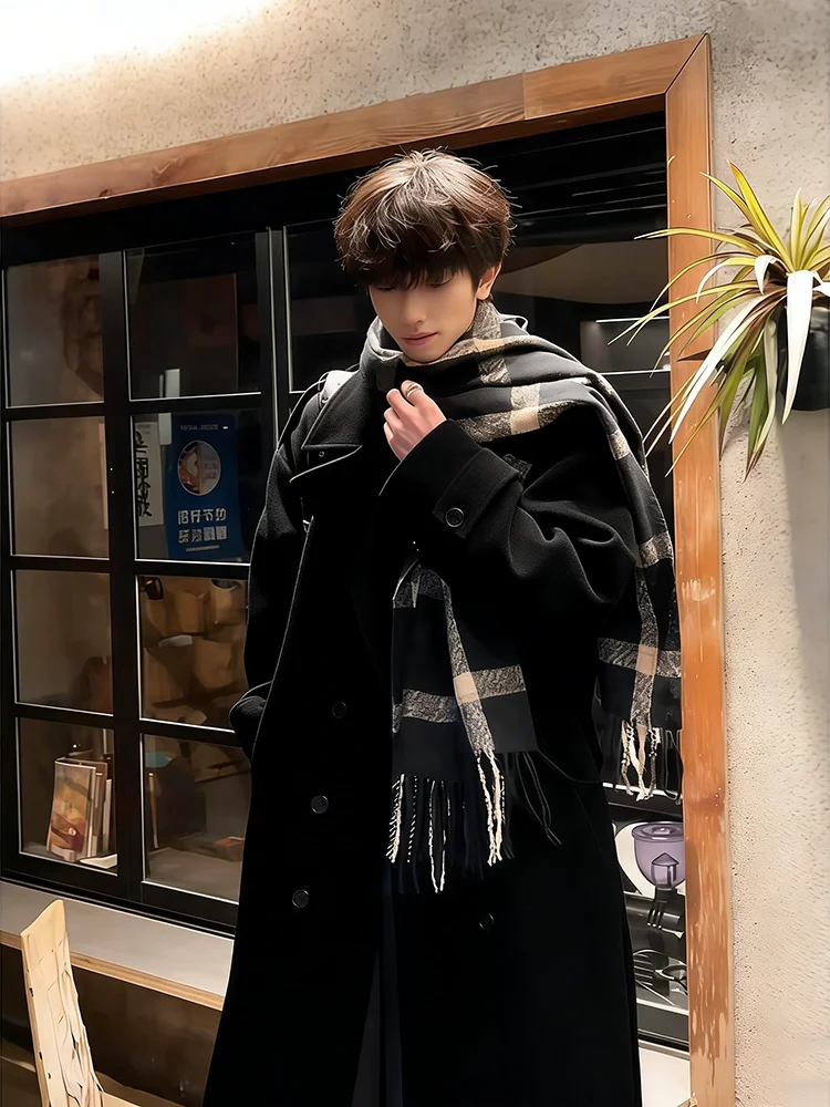 

Корейское шерстяное пальто в стиле преппи, мужское зимнее, двубортное, до колена, средней длины, ветрозащитное