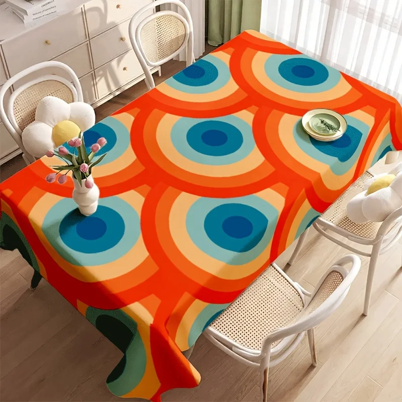Bright Color Block Circle Tablecloth, Soft Rectangular Washable Table Cover for Daily Dining & Family Gathering Room Decor