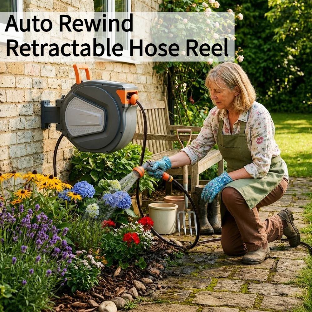 Auto Rewind Retractable Hose Reel – Wall Mounted Garden Water Hose with 180° Swivel Bracket, Any-Length Lock, Kink-Free Guide & Multi-Pattern Spray Nozzle for Outdoor Watering, Car Washing & Patio Cleaning