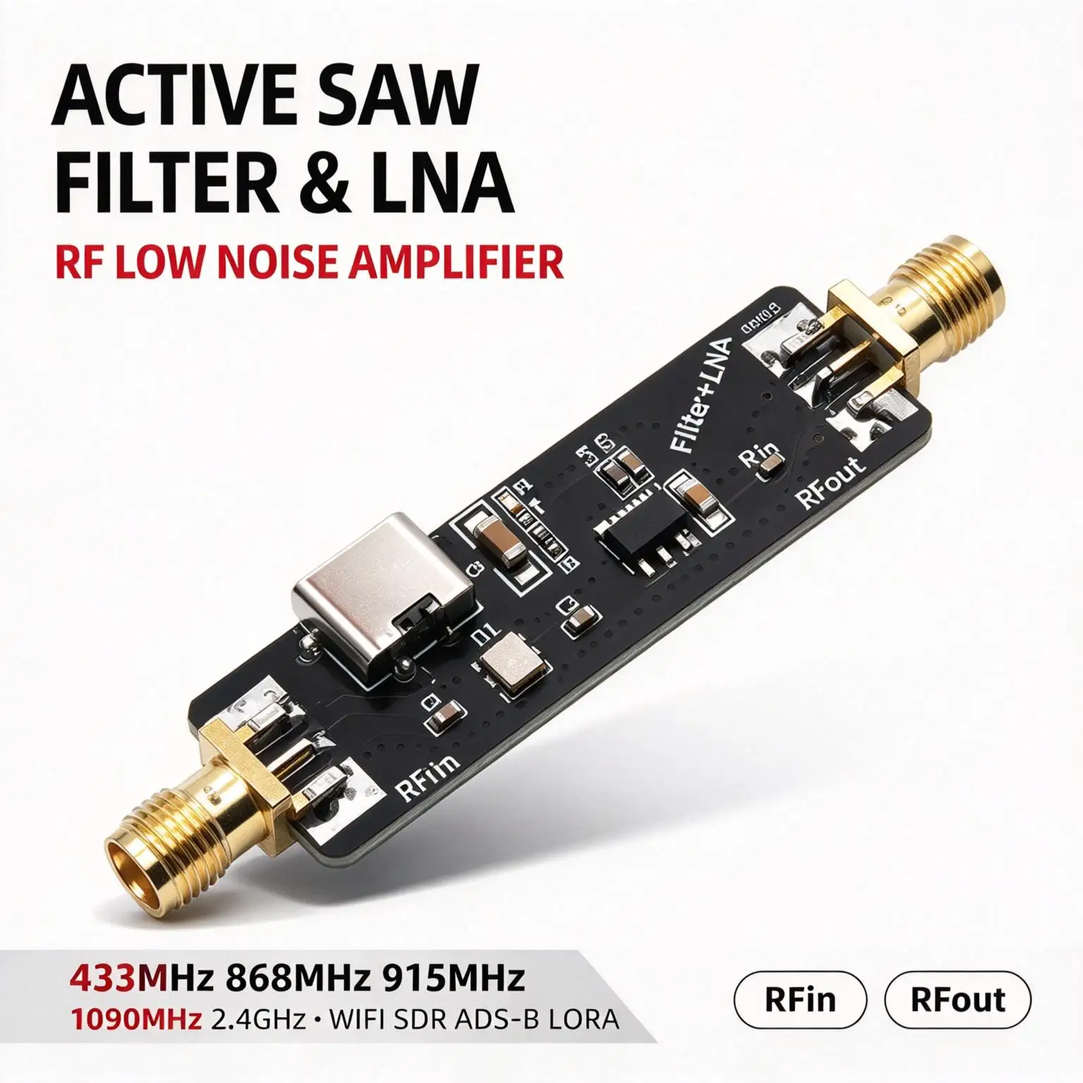 DYKB Active SAW Filter LNA Low Noise Amplifier Module 433/868/915/1090/1575MHz 2.4G 5.8G for SDR GPS ADS-B LoRa Helium Miner