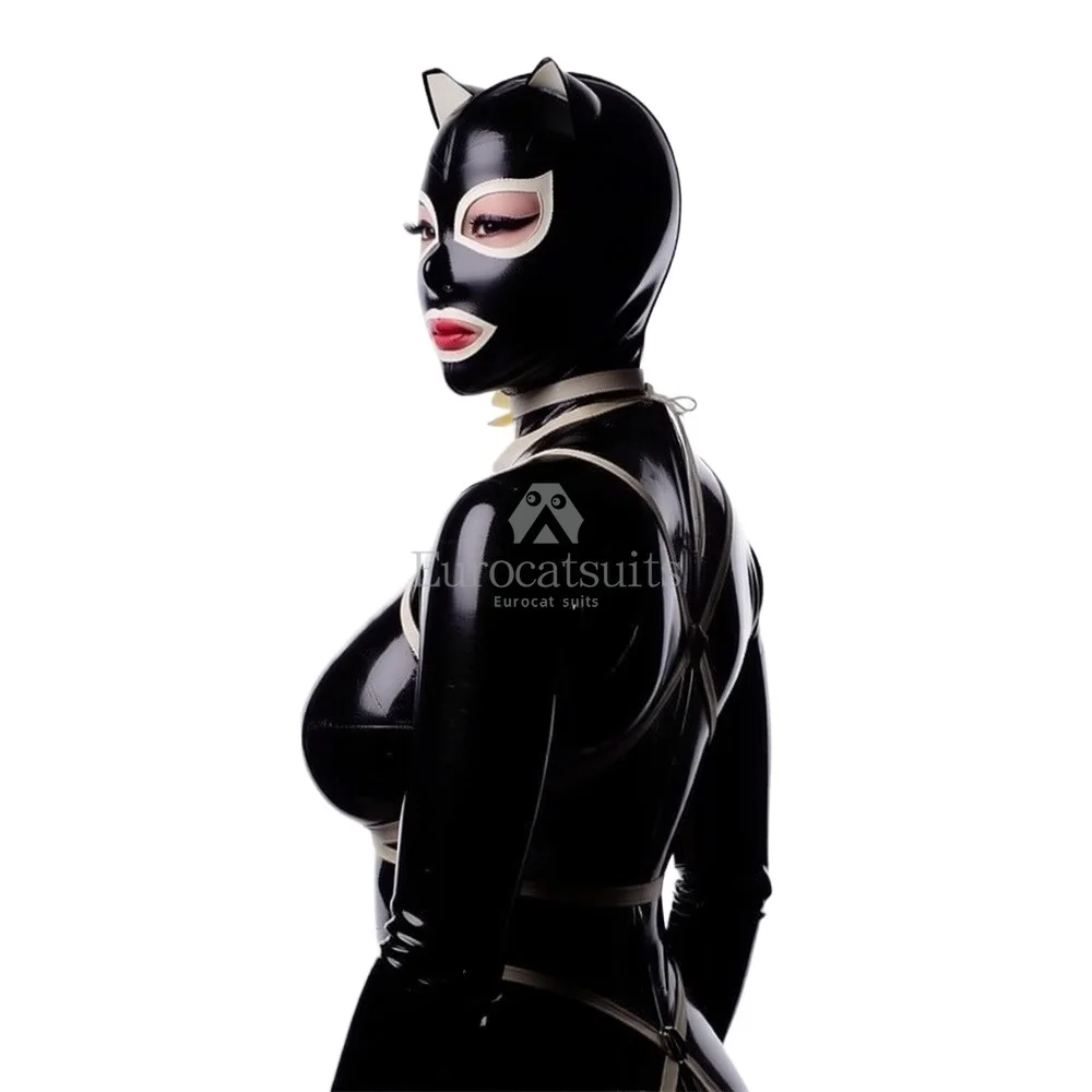 

With Ears Black and White Latex Gummi Mask Rubber Women Men Cat Cosplay Fetish Hood Handmade Headpiece