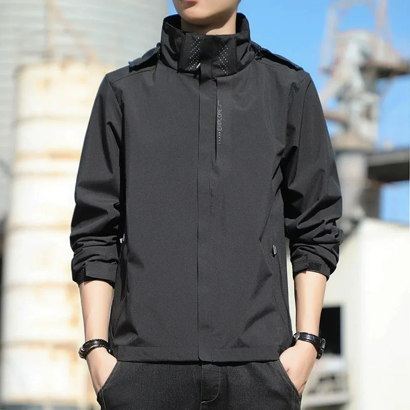 Spring Autumn Men's Waterproof Rain Jacket Outdoor Windproof Casual Sports Outwear All-Match Detachable Hat Raincoat Hiking Coat