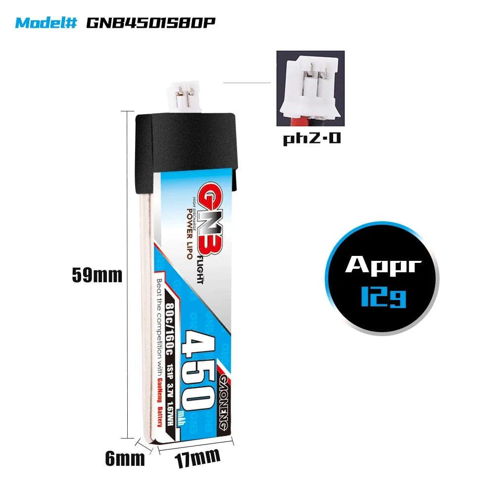 GAONENG GNB 1S 3,7 V 450 mAh 80C Lithiumbatterie mit PH2.0-Anschluss, geeignet für FPV-Drohnen und Quadrocopter.