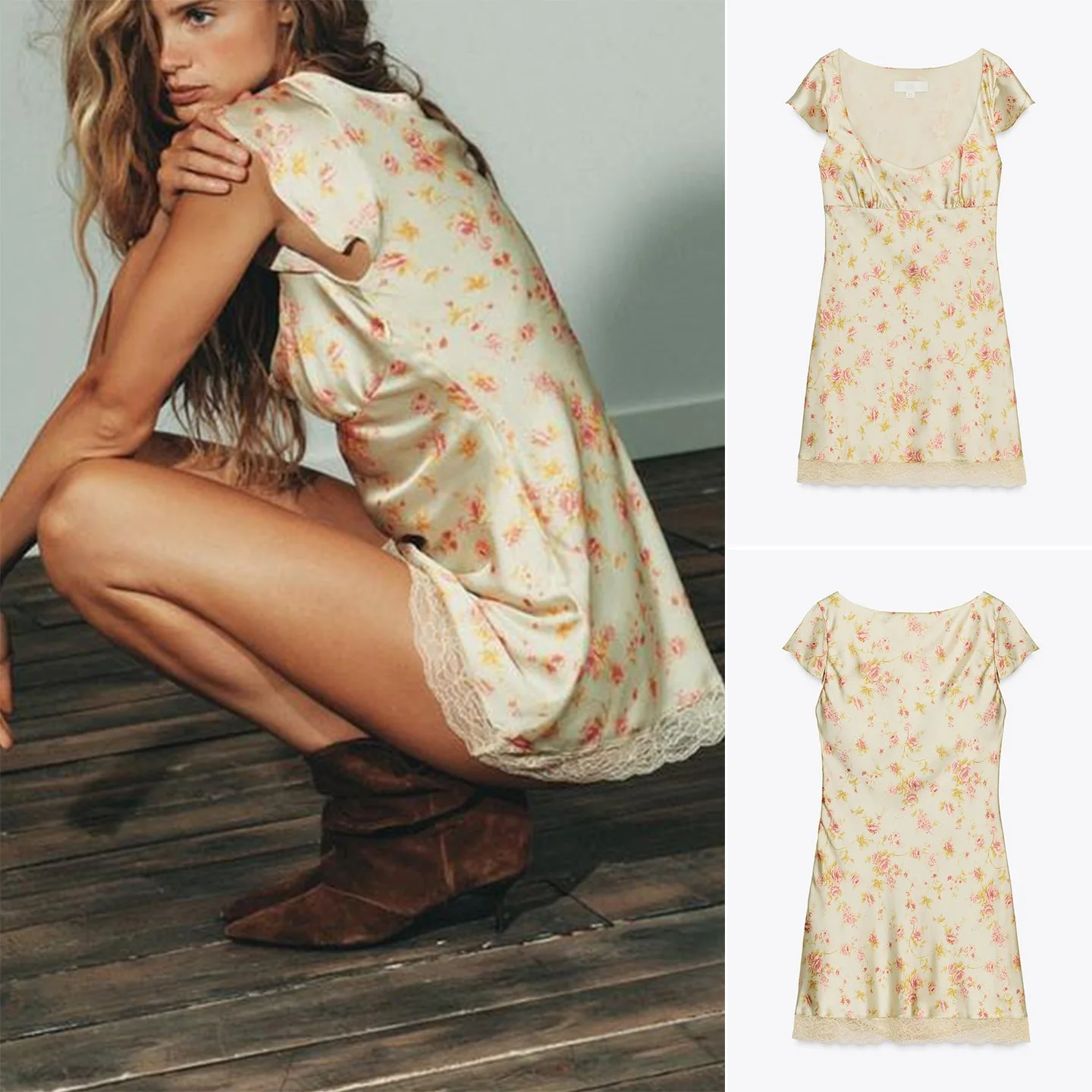 

ort Silk Satin Lace Hem Square Collar Dr Sexy Sle Polyester Fiber Printed Midi Dr for Women Autumn New Arrival