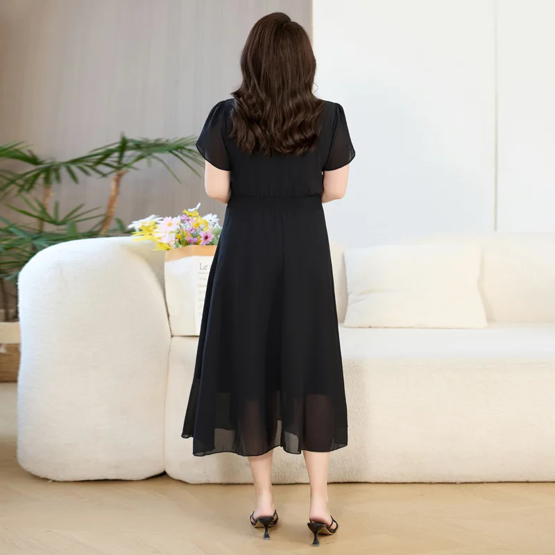 Summer Women Elegant Chiffon Dress Plus Size 8XL 7XL 6XL Fits150KG Thin Ethnic High Waist Calf-Length Black Casual Long Dress