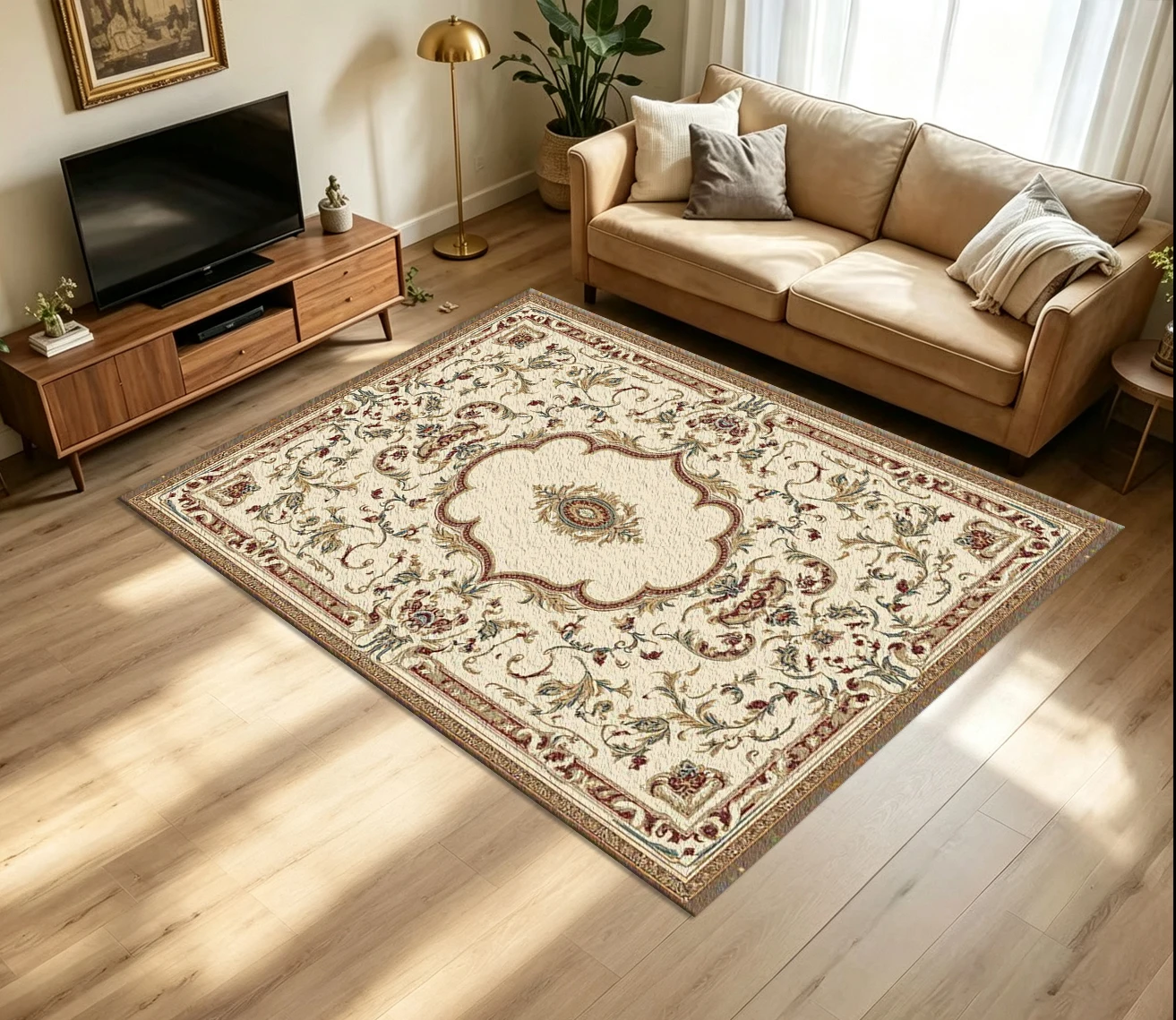 Classic European Vintage Floral Medallion Carpet Flooring Retro Ornate Border Printed Floor Rug for Household Living Room Home Interior Decoration