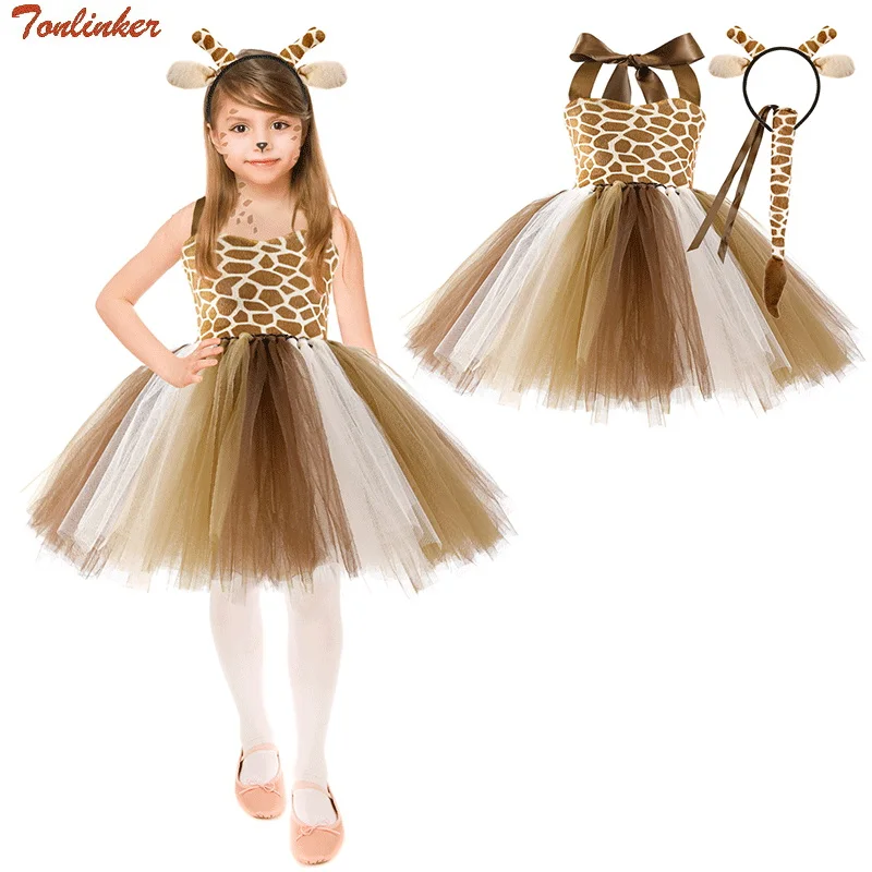 

Halloween Child Animal Cosplay Costume Girls Giraffe Nylon Mesh Tutu Dress Headdress Tail Set Kids Birthday Party Fancy Dress