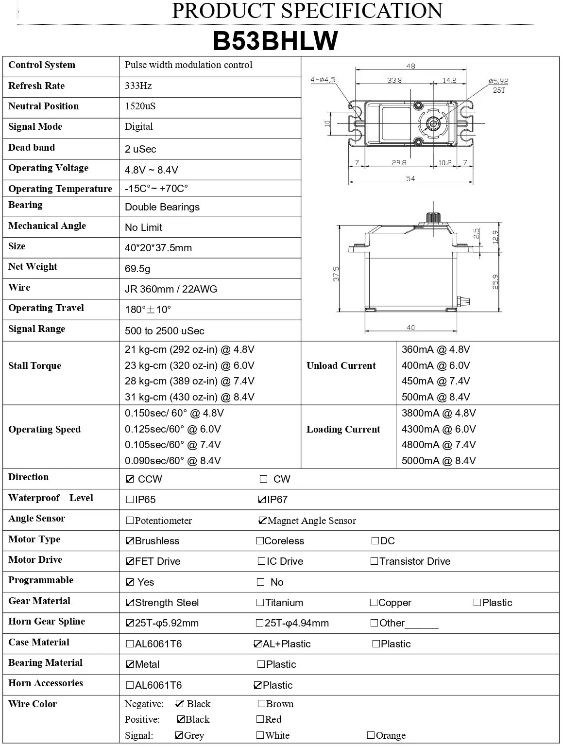 Agfrc b53bhl v2 b53chl v2 31kg 32kg magnetisches wasserdichtes kernloses Drehmoment schnelles programmier bares bürstenloses Standard-RC-Servo – Detail 9