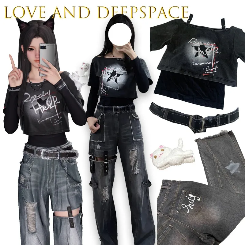 

‌ ‌ ‌ ‌ BLove And Deepspace Player Персонаж Китайский Отоме Косплей Костюм Крутой Стиль Аниме Рубашка Джинсы Женский Костюм Для Девочек Хэллоуин