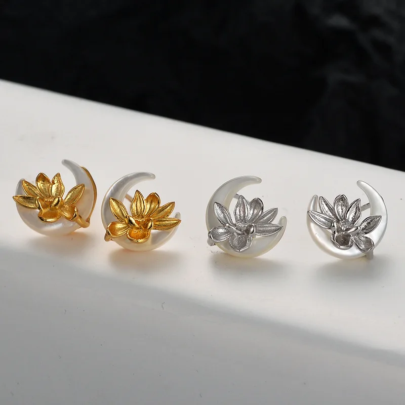 100% 925 Sterling Silver Shell Moon Earrings for Women Girl Fashion Lotus Flower Design Jewelry Birthday Gift Dropshipping