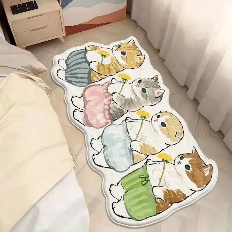 VIKAMA Cute Cartoon Dandelion Cat Alien Carpet Non-Slip Bedside Rug Funny Aesthetic Bedroom Entrance Foot Mat Home Decoration