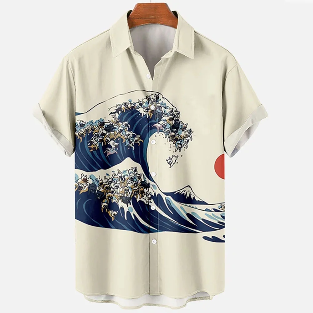 New Vintage Japanese Sea Wave Men\'s Shirts Lapel Streetwear Shirt For Men Street Short Sleeve Top Summer Men Hawaiian Shirt