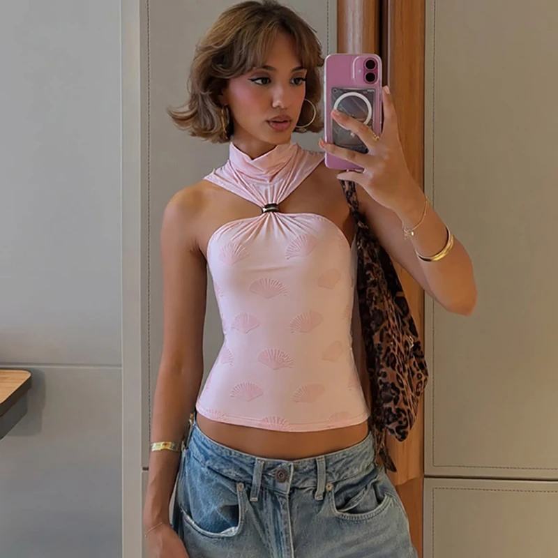 

Ticketsx Pink Print Top Women's Halter Metal Buckle Sleeveless Basic Vest Top Female Fashion Chic Streetwaer Slim Thin Top Women