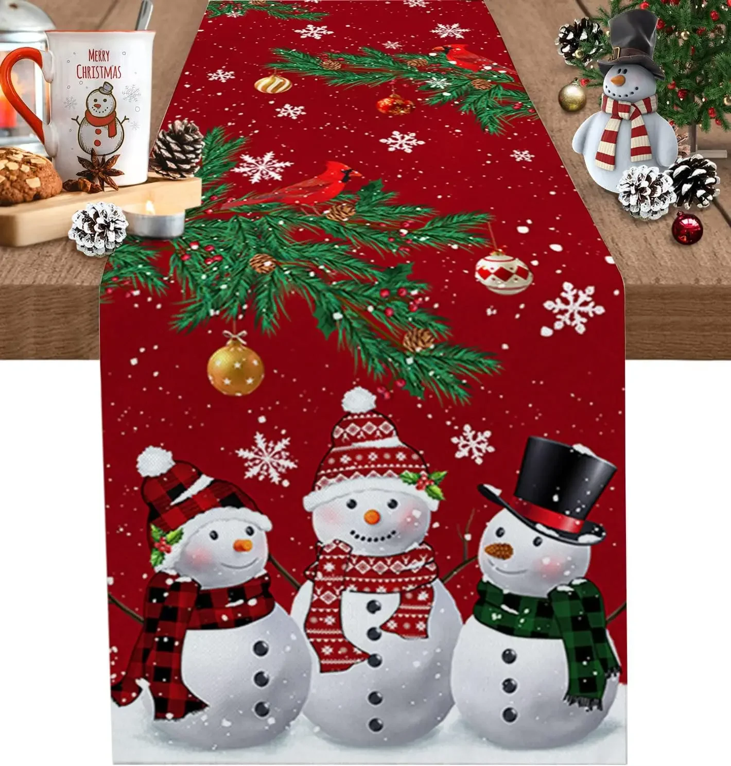 Christmas Snowman Pine Needle 2026 Table Runner Party Decor Winter Xmas Ball Kitchen Dining Table Runners Christmas Decorations