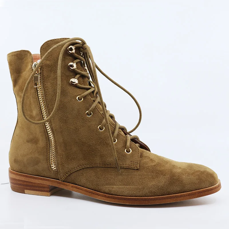 Soft Cow Leather Twin Zip Lace Up Square Toe Low Stacked Heel Women Ankle Boots